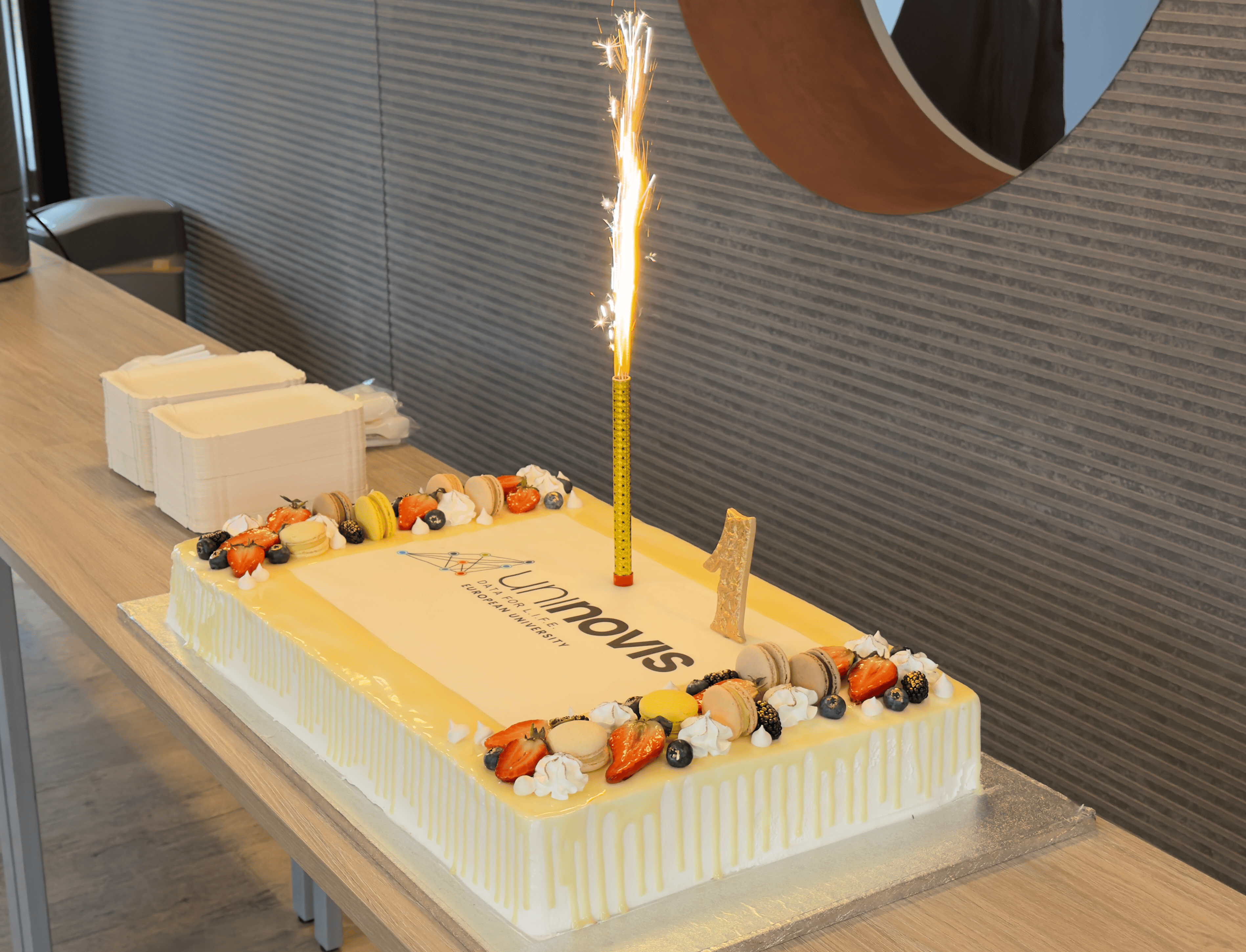 UNINOVIS first birthday cake with sparkler